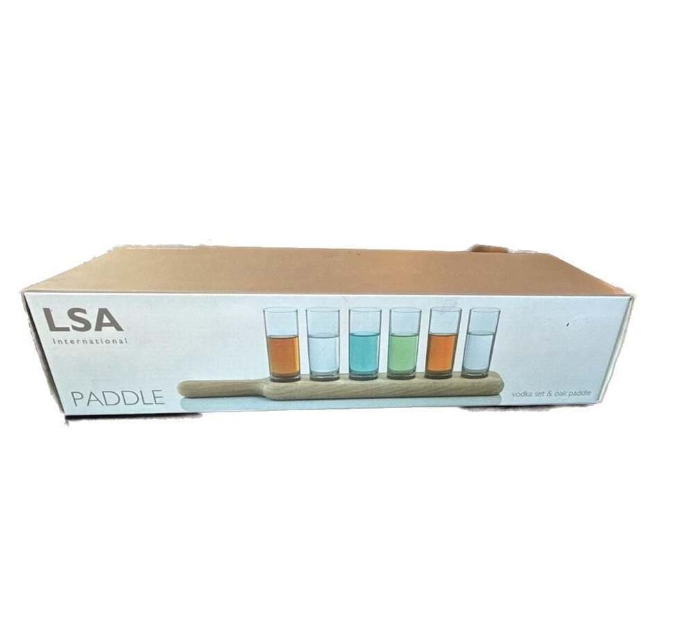 LSA International Paddle Vodka Set with Oak Paddle and 6 Shot Glasses, Open Box